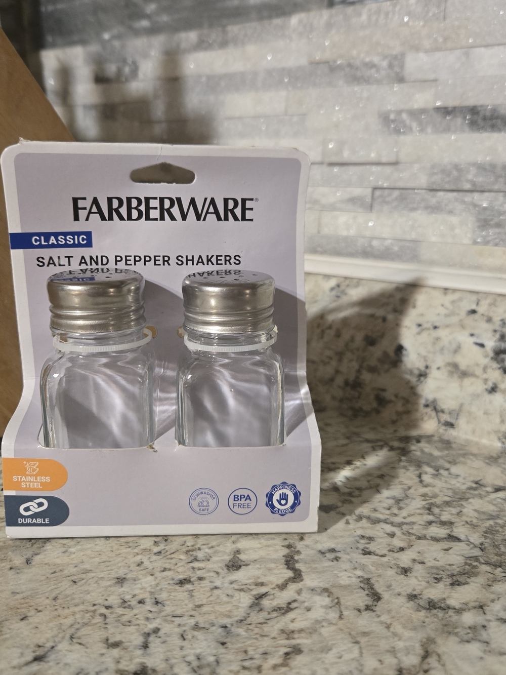 Farberware Clear Glass Salt and Pepper Shakers with Stainless Caps